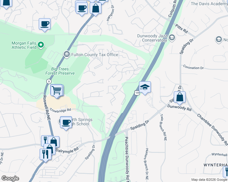 map of restaurants, bars, coffee shops, grocery stores, and more near 1910 Huntingdon Chase in Sandy Springs