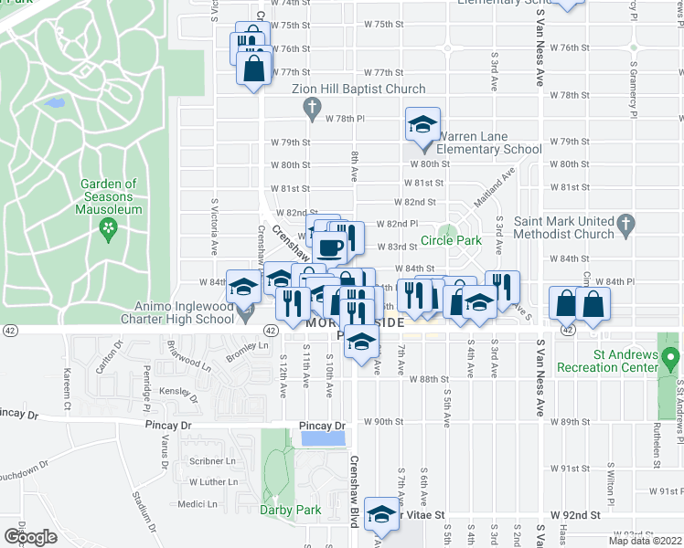 map of restaurants, bars, coffee shops, grocery stores, and more near 8444 Crenshaw Boulevard in Inglewood
