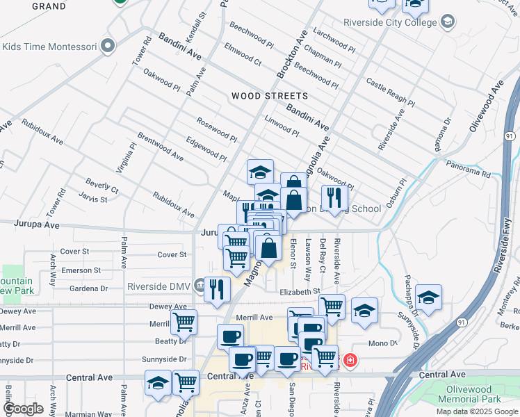 map of restaurants, bars, coffee shops, grocery stores, and more near 3975 Maplewood Place in Riverside