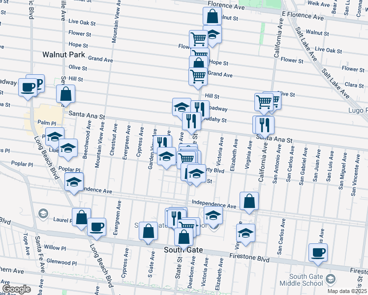 map of restaurants, bars, coffee shops, grocery stores, and more near 8148 Madison Avenue in South Gate