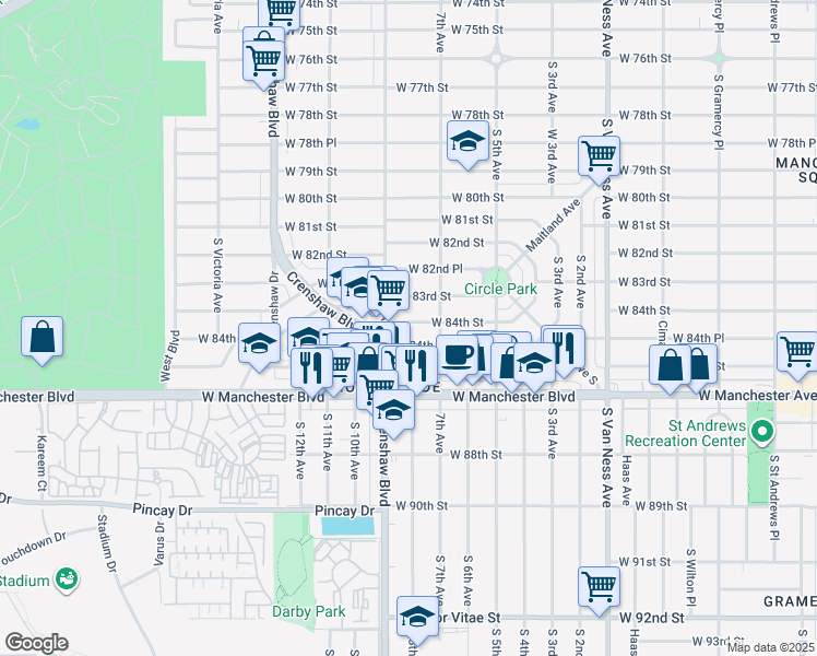 map of restaurants, bars, coffee shops, grocery stores, and more near 3000 West 84th Street in Inglewood
