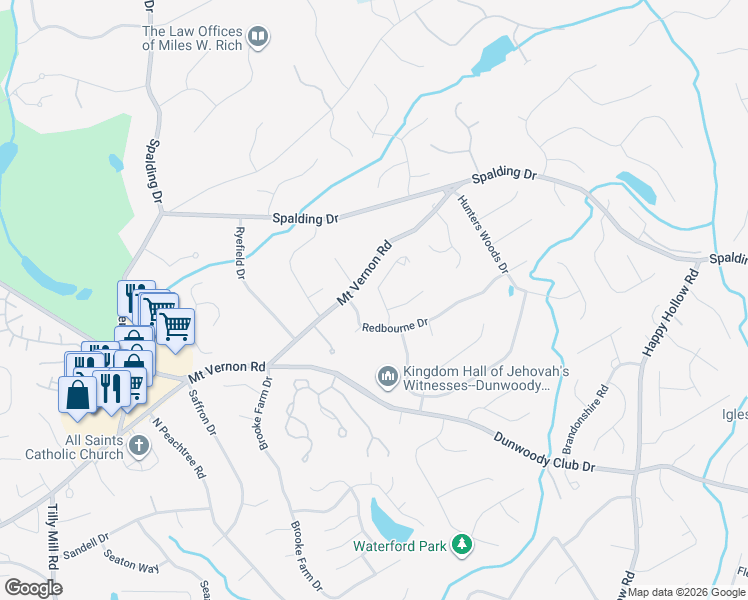 map of restaurants, bars, coffee shops, grocery stores, and more near 130 Treadwick Drive in Atlanta