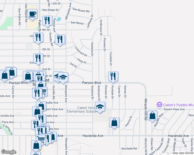map of restaurants, bars, coffee shops, grocery stores, and more near 11920 Ambrosio Drive in Desert Hot Springs