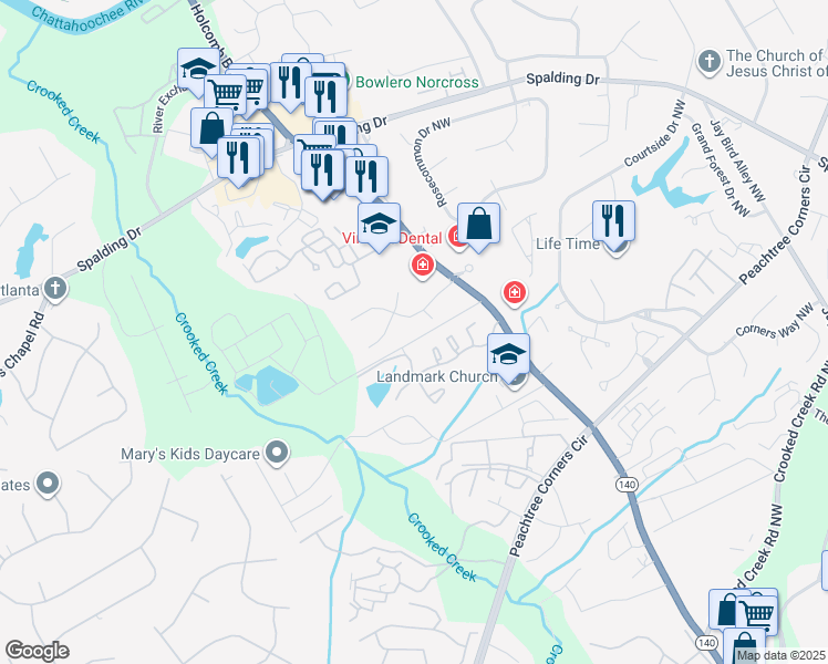 map of restaurants, bars, coffee shops, grocery stores, and more near 1303 Park Lake Lane in Norcross