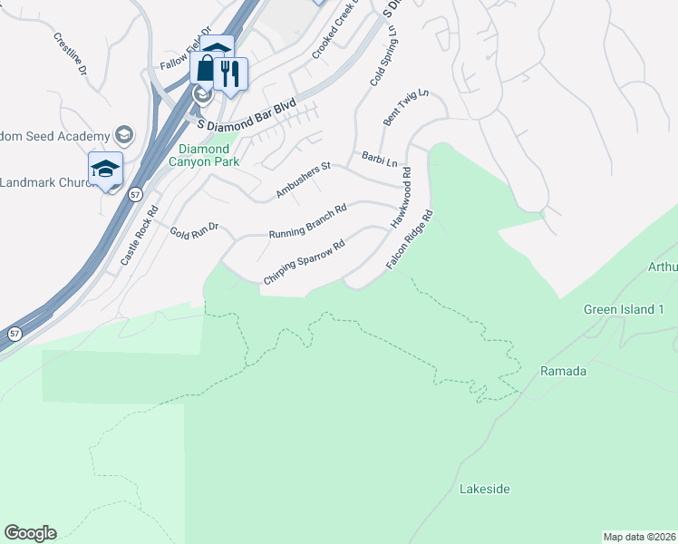 map of restaurants, bars, coffee shops, grocery stores, and more near 3612 Hawkwood Road in Diamond Bar