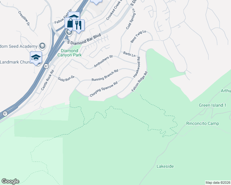 map of restaurants, bars, coffee shops, grocery stores, and more near 3595 Hawkwood Road in Diamond Bar