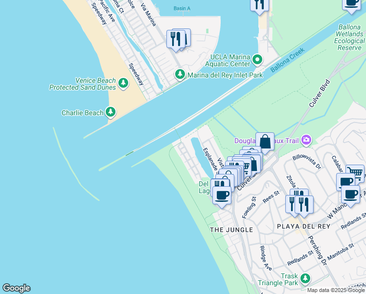 map of restaurants, bars, coffee shops, grocery stores, and more near 1 63rd Avenue in Los Angeles