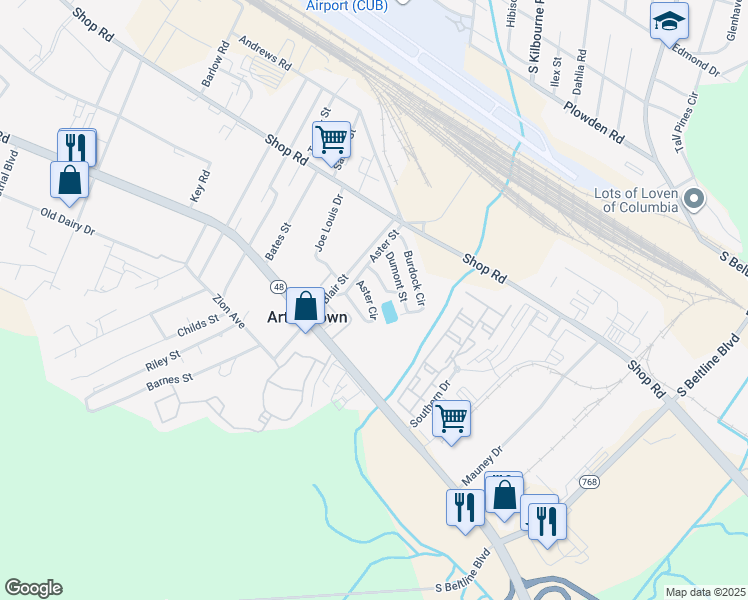 map of restaurants, bars, coffee shops, grocery stores, and more near 181 Aster Circle in Columbia