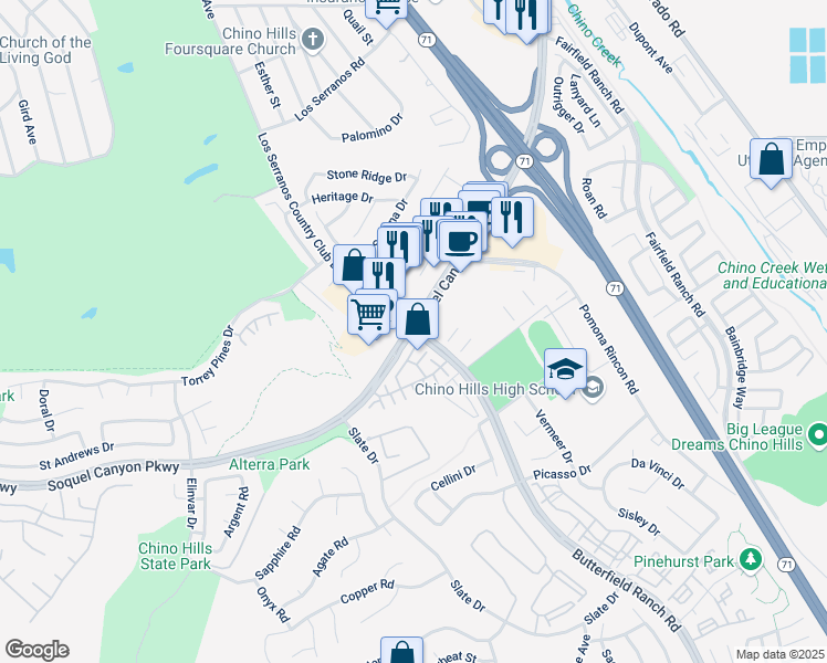 map of restaurants, bars, coffee shops, grocery stores, and more near Butterfield Ranch Rd & Soquel Canyon Pkwy in Chino Hills