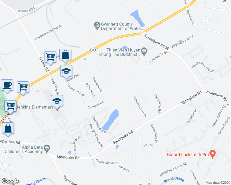 map of restaurants, bars, coffee shops, grocery stores, and more near 217 Amelia Creek Way Southeast in Lawrenceville