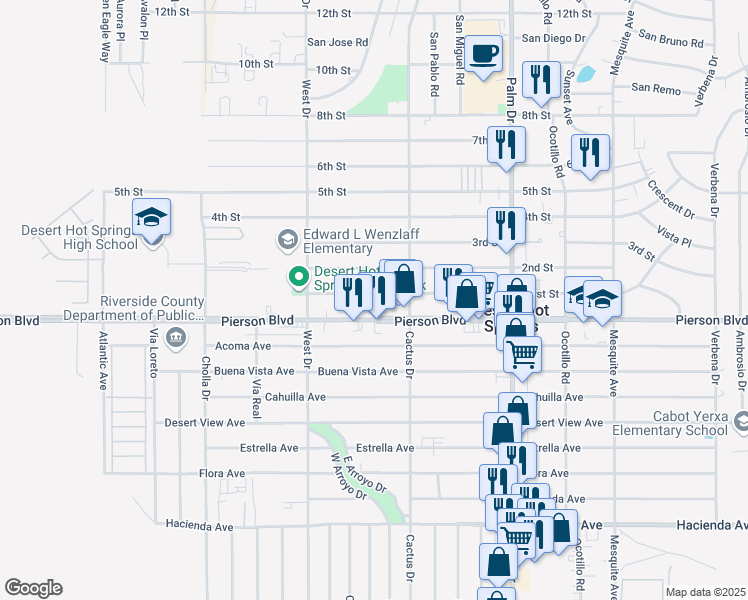 map of restaurants, bars, coffee shops, grocery stores, and more near 66175 First Street in Desert Hot Springs