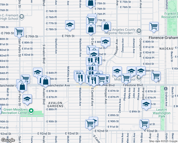 map of restaurants, bars, coffee shops, grocery stores, and more near 1019 East 84th Place in Los Angeles