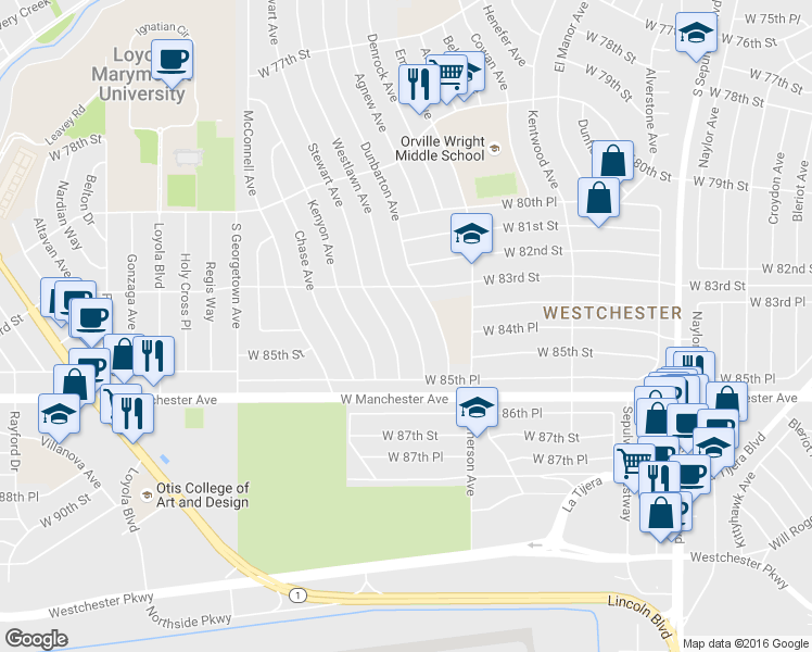map of restaurants, bars, coffee shops, grocery stores, and more near 8337 Westlawn Avenue in Los Angeles