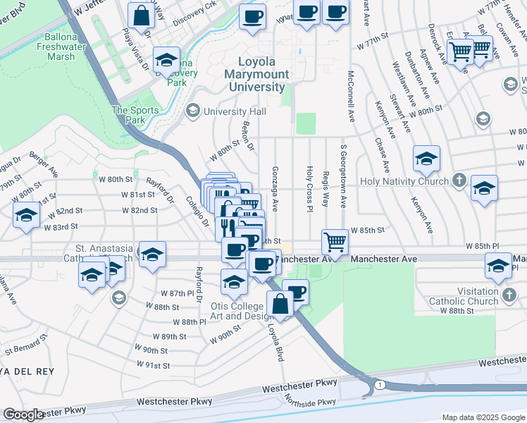 map of restaurants, bars, coffee shops, grocery stores, and more near 8355 Fordham Road in Los Angeles