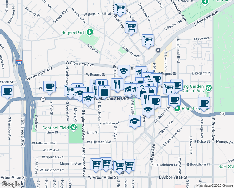 map of restaurants, bars, coffee shops, grocery stores, and more near in Inglewood