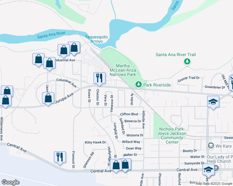 map of restaurants, bars, coffee shops, grocery stores, and more near 6025 Florence Street in Riverside