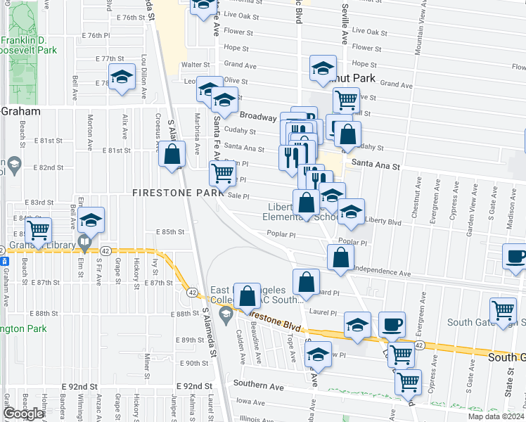 map of restaurants, bars, coffee shops, grocery stores, and more near 2485 Cass Place in Huntington Park
