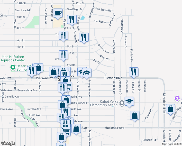 map of restaurants, bars, coffee shops, grocery stores, and more near 66770 Pierson Boulevard in Desert Hot Springs
