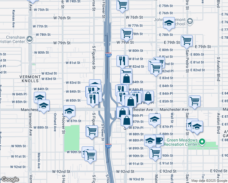 map of restaurants, bars, coffee shops, grocery stores, and more near 344 West 84th Place in Los Angeles