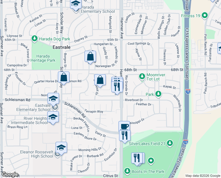 map of restaurants, bars, coffee shops, grocery stores, and more near 7708 Armour Cir in Corona