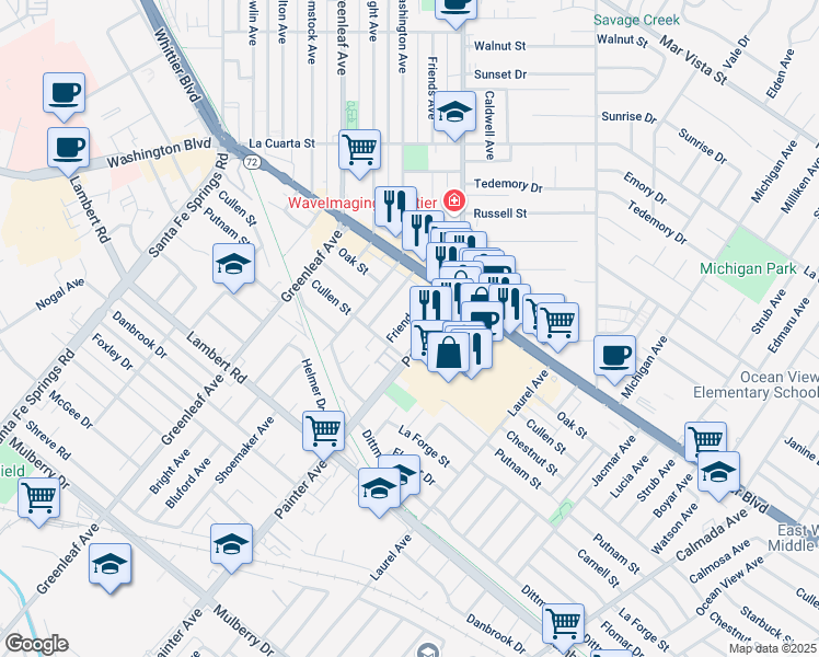 map of restaurants, bars, coffee shops, grocery stores, and more near 8416 Friends Avenue in Whittier