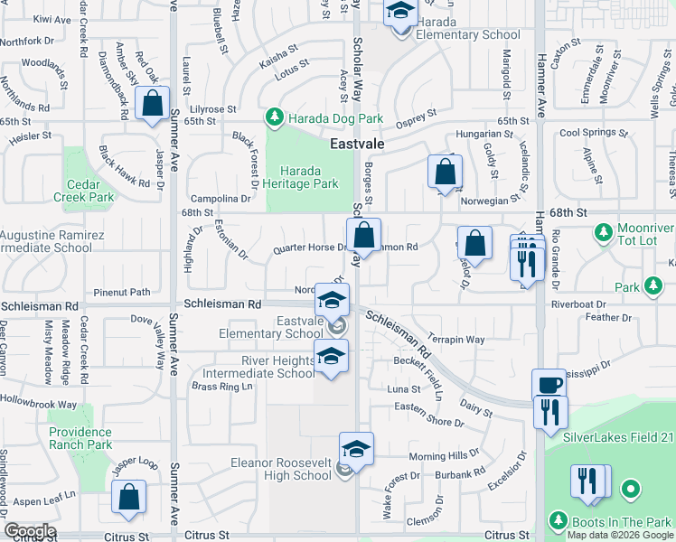 map of restaurants, bars, coffee shops, grocery stores, and more near 13048 Nordland Drive in Corona