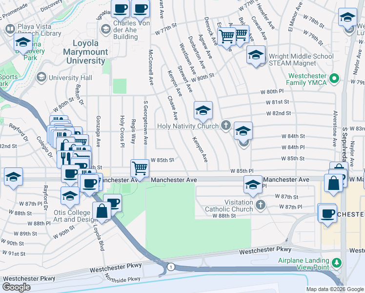 map of restaurants, bars, coffee shops, grocery stores, and more near 8333 Chase Avenue in Los Angeles