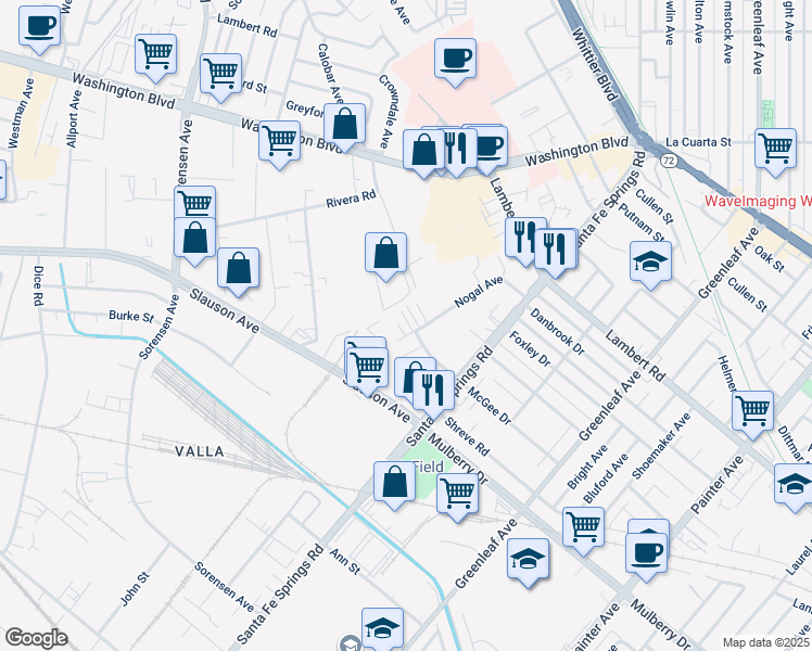 map of restaurants, bars, coffee shops, grocery stores, and more near 8905 Nogal Avenue in Whittier