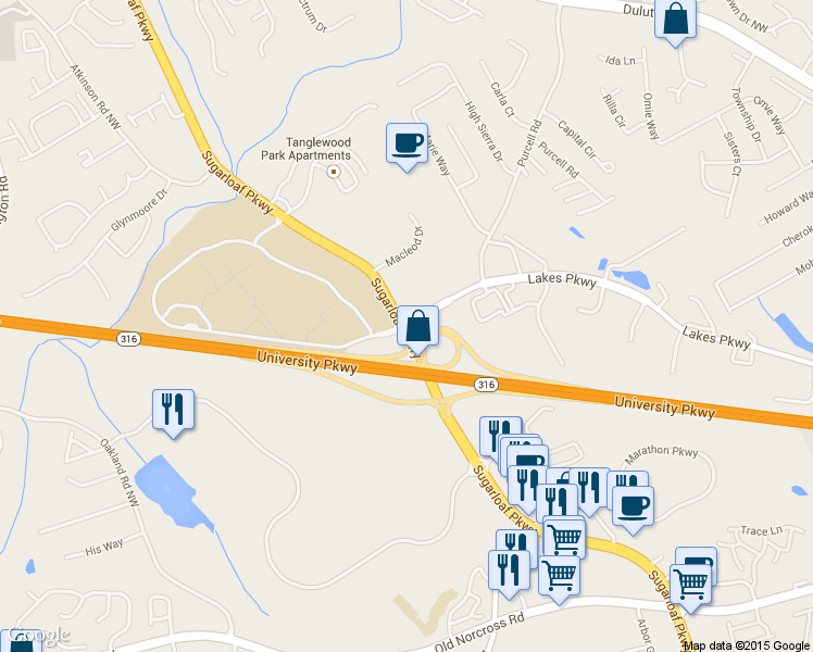 map of restaurants, bars, coffee shops, grocery stores, and more near 4955 Sugarloaf Pkwy in Lawrenceville