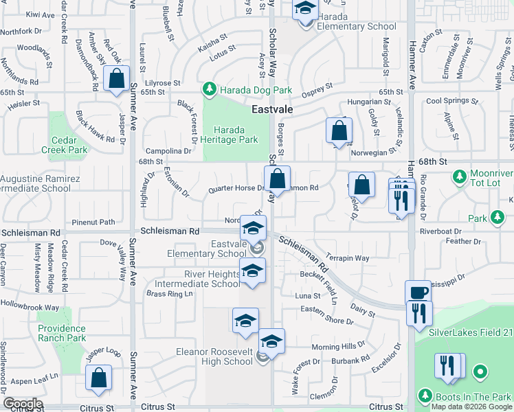map of restaurants, bars, coffee shops, grocery stores, and more near 13048 Nordland Drive in Corona