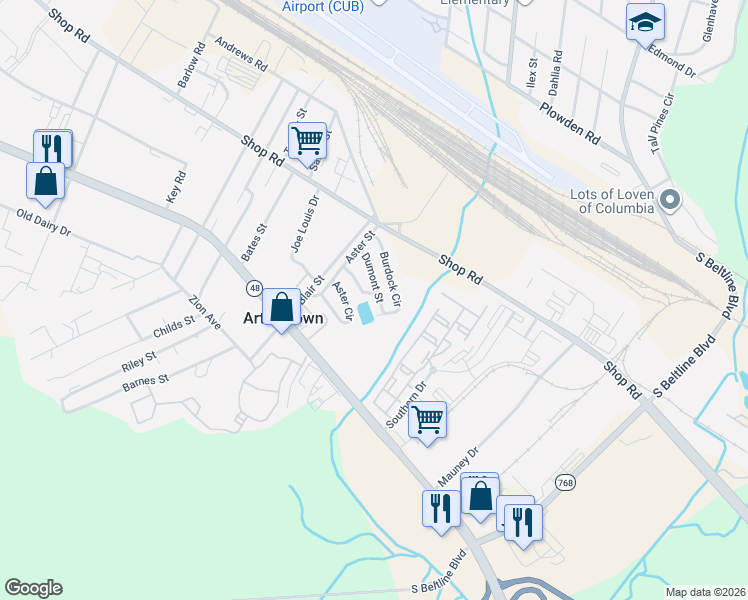 map of restaurants, bars, coffee shops, grocery stores, and more near 102 Burdock Circle in Columbia