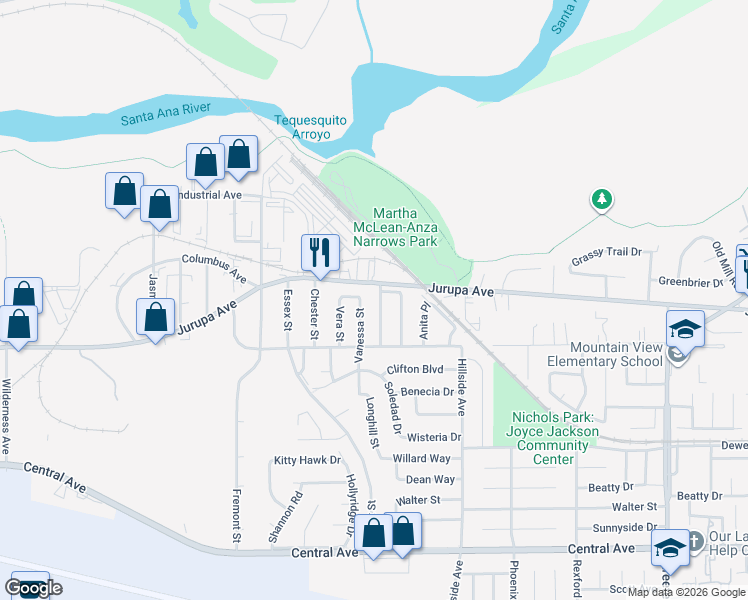 map of restaurants, bars, coffee shops, grocery stores, and more near 6025 Florence Street in Riverside
