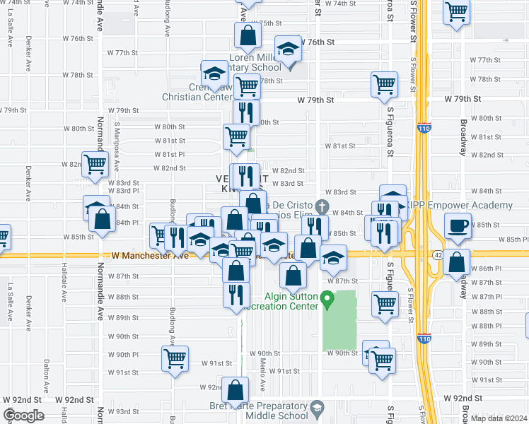 map of restaurants, bars, coffee shops, grocery stores, and more near 932 West 84th Street in Los Angeles