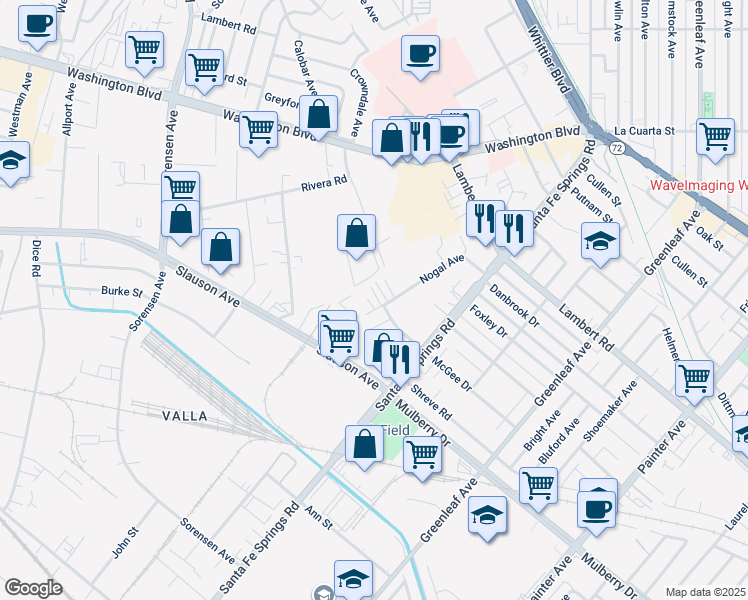 map of restaurants, bars, coffee shops, grocery stores, and more near 8905 Nogal Avenue in Whittier