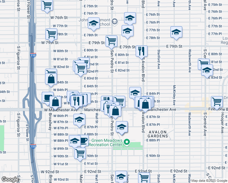 map of restaurants, bars, coffee shops, grocery stores, and more near 8466 San Pedro Street in Los Angeles