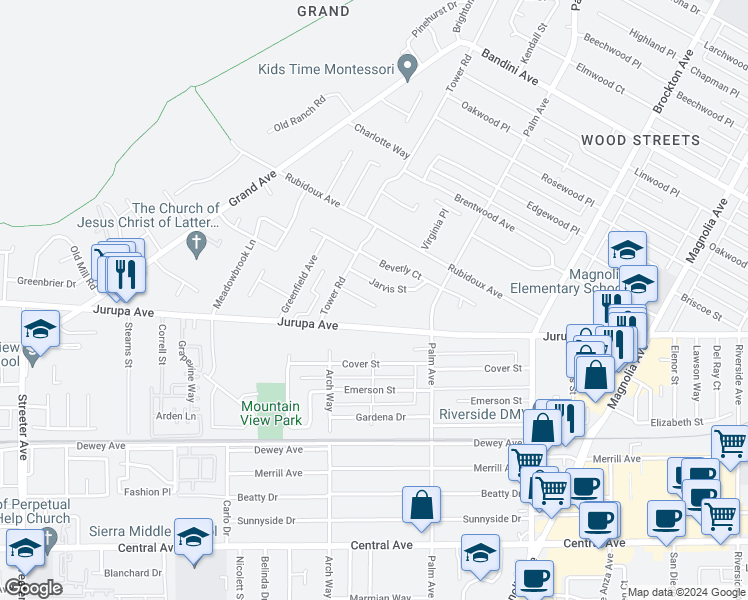 map of restaurants, bars, coffee shops, grocery stores, and more near 4651 Mcfarland Street in Riverside