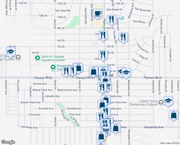 map of restaurants, bars, coffee shops, grocery stores, and more near 66396 Pierson Boulevard in Desert Hot Springs