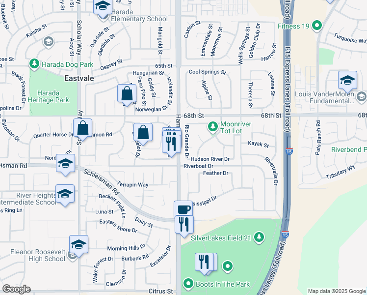 map of restaurants, bars, coffee shops, grocery stores, and more near 6969 Rio Grande Drive in Eastvale