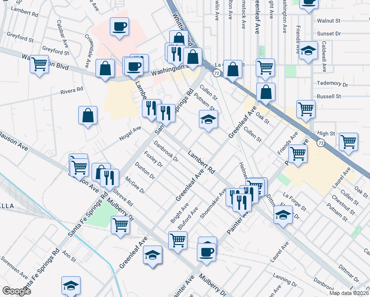 map of restaurants, bars, coffee shops, grocery stores, and more near 12815 Danbrook Drive in Whittier