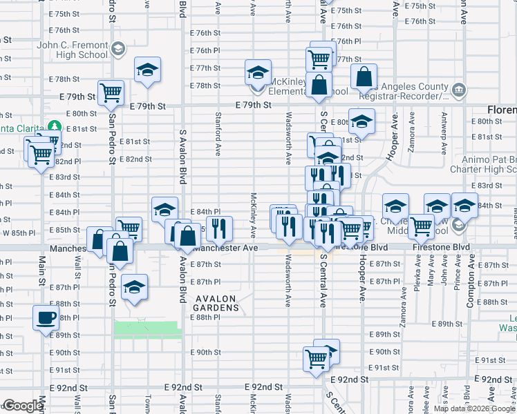 map of restaurants, bars, coffee shops, grocery stores, and more near 816 East 84th Place in Los Angeles