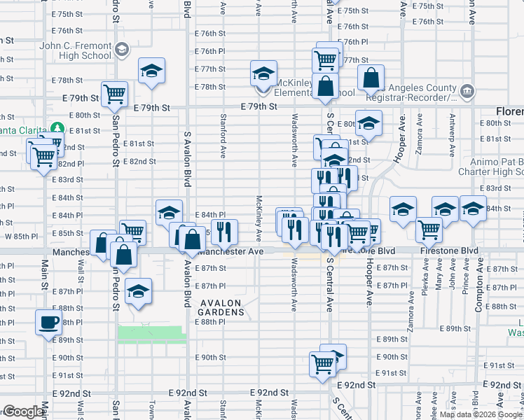 map of restaurants, bars, coffee shops, grocery stores, and more near 816 East 84th Place in Los Angeles