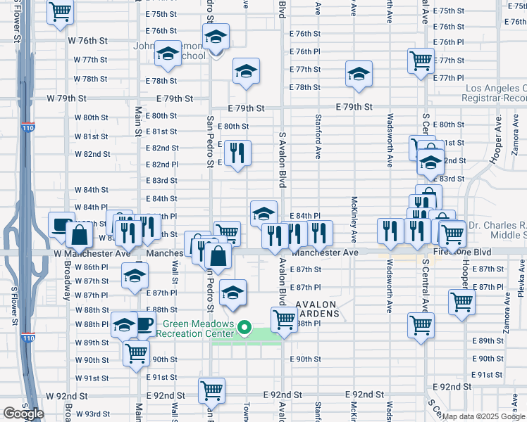 map of restaurants, bars, coffee shops, grocery stores, and more near 432 East 84th Place in Los Angeles