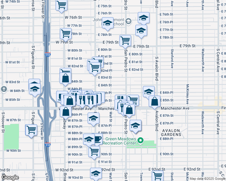 map of restaurants, bars, coffee shops, grocery stores, and more near 150 East 84th Place in Los Angeles