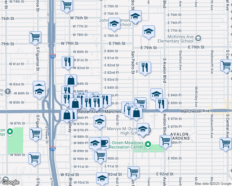 map of restaurants, bars, coffee shops, grocery stores, and more near 156 East 84th Place in Los Angeles