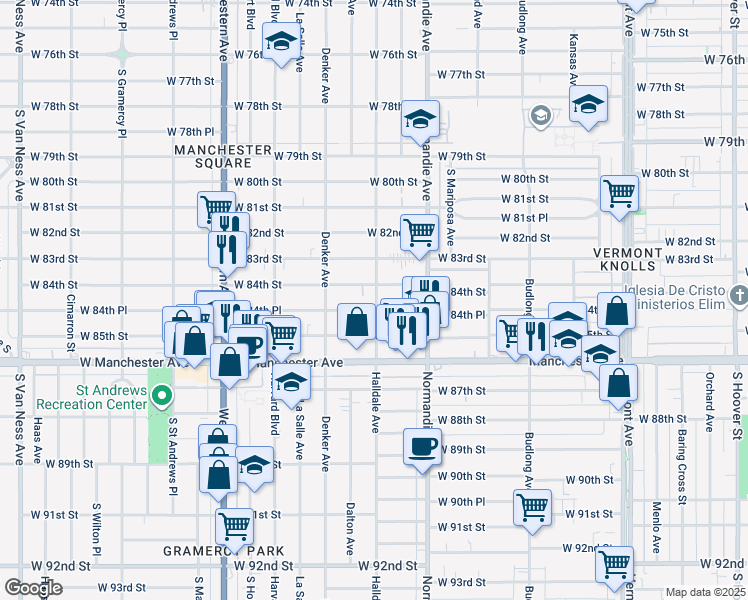 map of restaurants, bars, coffee shops, grocery stores, and more near 1448 West 84th Place in Los Angeles