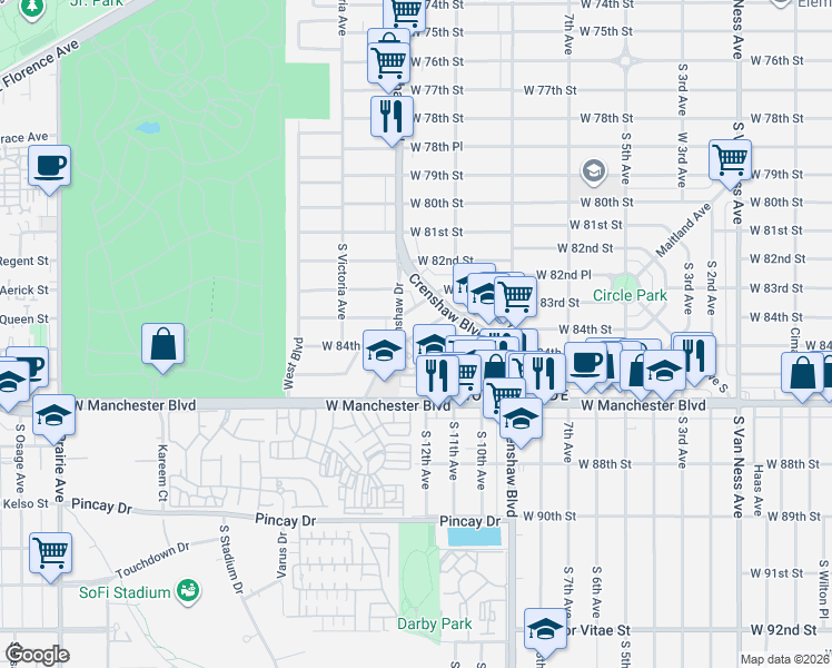 map of restaurants, bars, coffee shops, grocery stores, and more near 3394 West 84th Street in Inglewood
