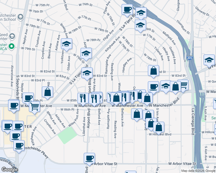 map of restaurants, bars, coffee shops, grocery stores, and more near 8425 Ramsgate Avenue in Los Angeles