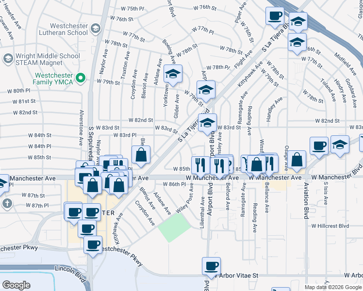 map of restaurants, bars, coffee shops, grocery stores, and more near 8407 Wiley Post Avenue in Los Angeles
