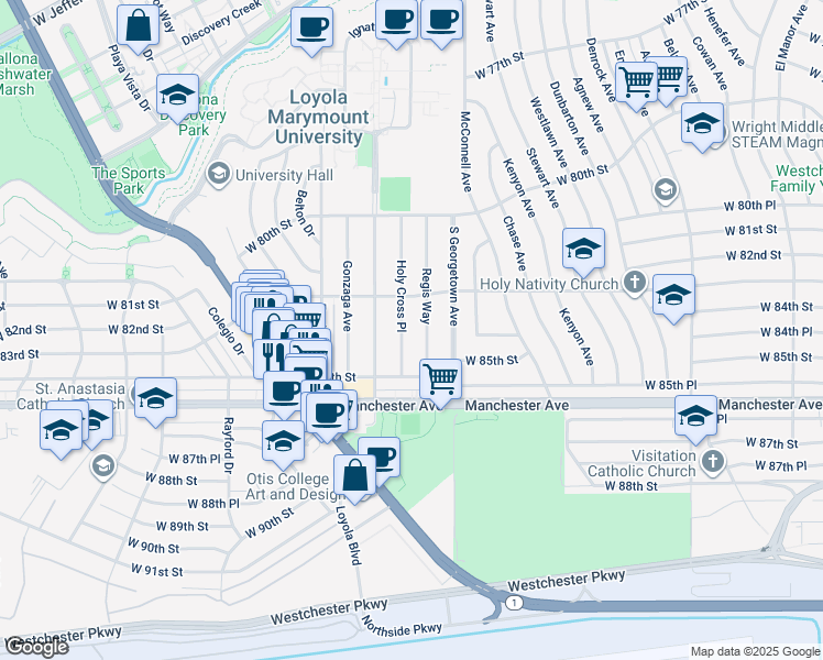 map of restaurants, bars, coffee shops, grocery stores, and more near 8409 Holy Cross Place in Los Angeles