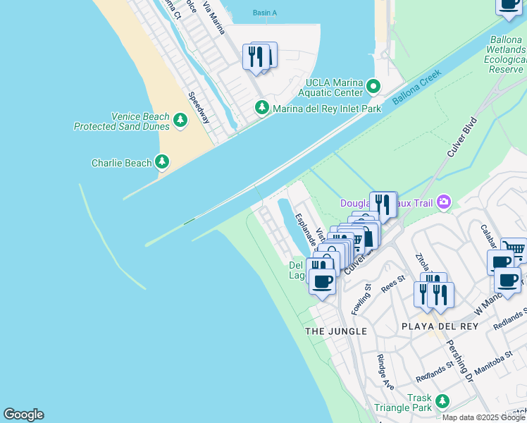 map of restaurants, bars, coffee shops, grocery stores, and more near 1 63rd Avenue in Los Angeles